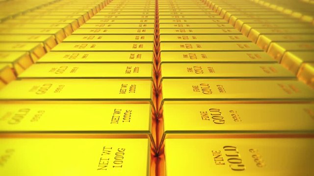 4k Gold bullion gold bars treasury wealth Ingot luxury finance goods trading,3D animation of stacked gold bars.