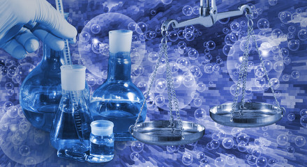 Image laboratory flask and scales on technological background
