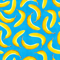 Obraz premium Watercolor seamless pattern with bananas on bright blue background. Hand drawn watercolor illustration.