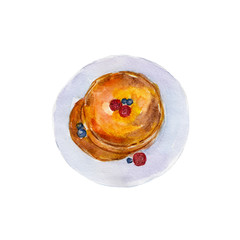 The pancakes with berries isolated on white background, watercolor illustration in hand drawn style.