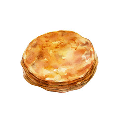 The pancakes isolated on white background, watercolor illustration in hand drawn style.