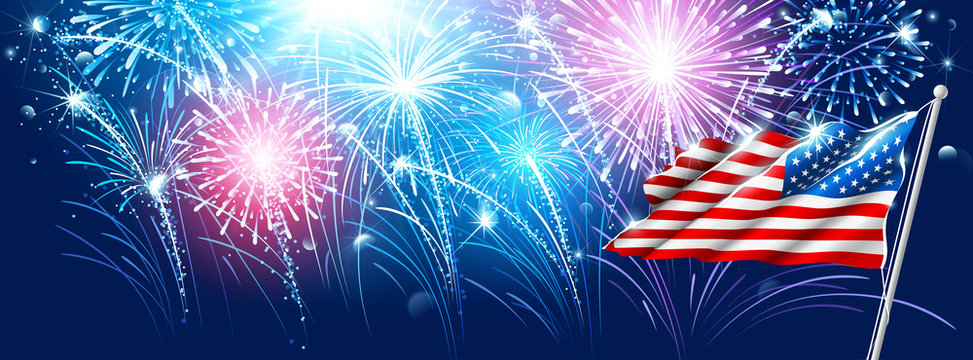 American flag with fireworks. Vector