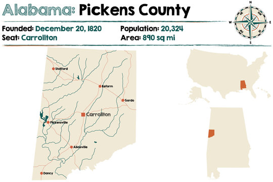 Large and detailed map of Pickens County in Alabama.