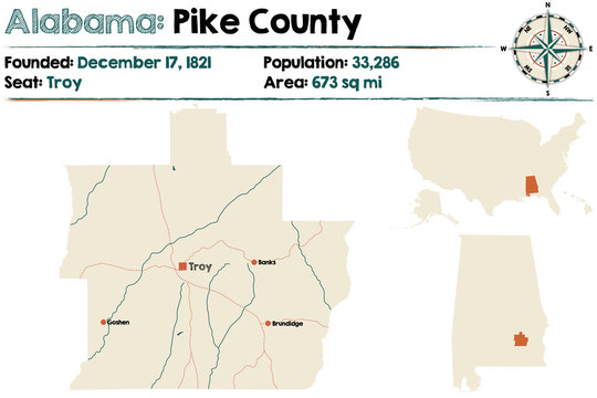 Large and detailed map of Pike County in Alabama.