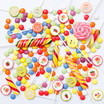 lollipops, candy, top view flat lay on white background