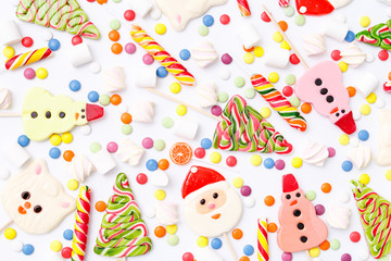 lollipops, candy, top view flat lay on white background