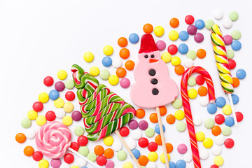 Obraz premium lollipops, candy, top view flat lay on white background