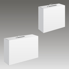 Light realistic package cardboard box with a handle. Vector illustration.