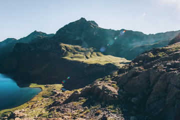 Morning Mountains and lake aerial view idyllic Landscape Summer Travel tranquil scene