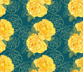 Decorative yellow color roses with hand drawing outline floral in seamless background. Vector set of blooming flower for your design. Adornment for wedding invitations and greeting card. 