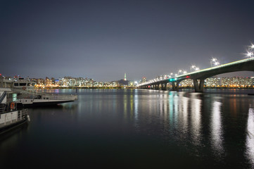 Fototapeta na wymiar Seoul City at Night and Han River, Yeouido, South Korea