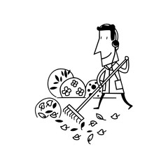 man cleaning garden cartoon illustration