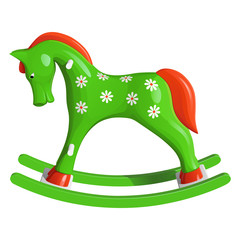 Зеленая детская лошадка качалка, расписанная белыми ромашками, с оранжевой гривой и хвостом, изолированная на белом фоне