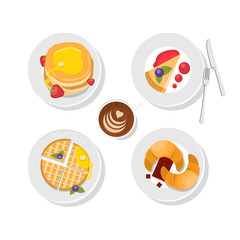 Sweet delicious - waffles, chocolate, pancakes and coffee cup. Vector. Breakfast food. Tasty icon set. Isolated.