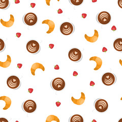 Seamless pattern with croissant, coffee cup and strawberry. Vector. Food wallpaper. Repeating background. Fabric print.