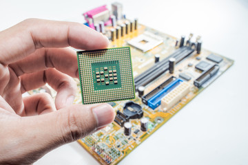 Close up of Electronic CPU on Mainboard computer