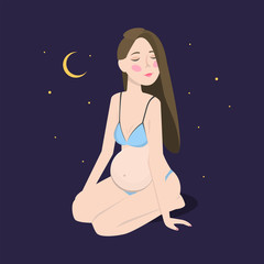 Pregnant young woman. Vector illustration. Cute girl waiting for baby. Night background with moon.
