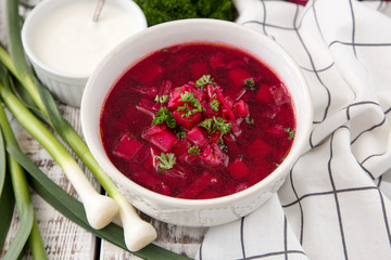 Borsch - beetroot soup. Ukrainian and Russian traditional vegetable vegetarian red soup