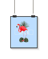 Summer sale tropical poster. Vector illustration. Blue background with flamingo and tropical leaves. Exotic bird. Graphic design element. For summer sale, poster.