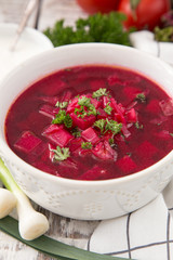 Borsch - beetroot soup. Ukrainian and Russian traditional vegetable vegetarian red soup
