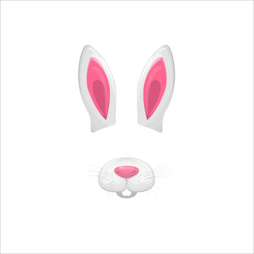 Rabbit face elements. Vector illustration. Animal character ears and nose. Video chart filter effect for selfie photo decoration. Cartoon white hare mask. Isolated on white. Easy to edit.