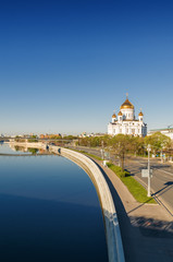 Morning panoramic view of Moscow Cathedral of Christ the Savior, Moskva river and embankment from...