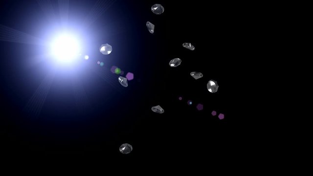 Diamonds and light. Precious stones fly up harden and fall