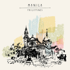 Obraz premium The Manila Cathedral. Intramuros, Manila, The Philippines, Asia. Hand drawn vintage postcard or poster