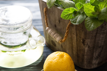 Mint tea with fresh mint leaves. selective focus, copy space