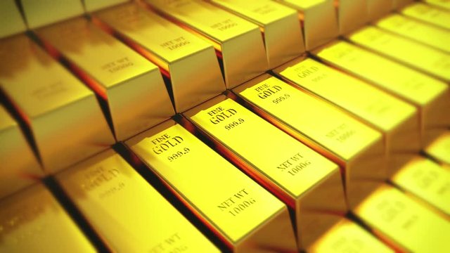 4k Gold bullion gold bars treasury wealth Ingot luxury finance goods trading,3D animation of stacked gold bars.