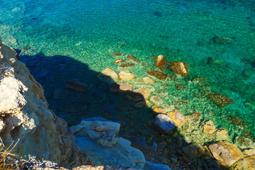 view from the top of the cliff to the rocks and the sea shore, Crete, Greece