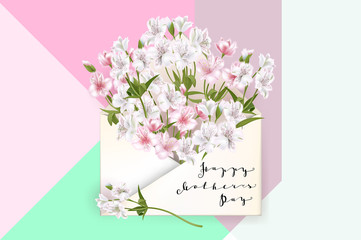 Happy Mothers Day lettering. Mothers day greeting card with Flowers. Vector illustration