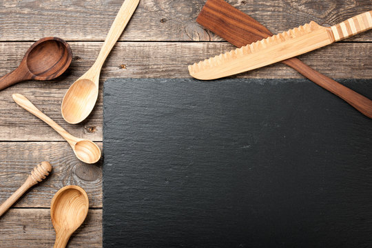 Blackboard and wooden utensils