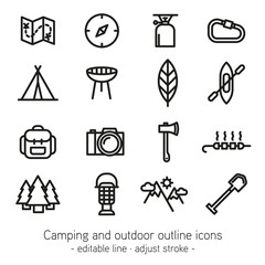 Camping and outdoor outline icons - editable line - adjust stroke -