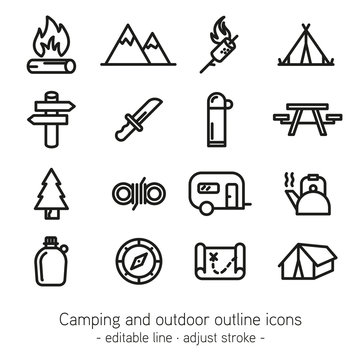 Camping and outdoor outline icons - editable line - adjust stroke -