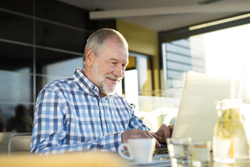 Naklejka na ściany i meble Senior businessman working on laptop in cafe