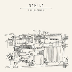 Slums in the old part of Manila, Philippines, Asia. Hand drawn vintage postcard or poster template