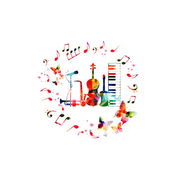 Music instruments background. Colorful violoncello, guitar, piano, saxophone, trumpet and microphone with music notes isolated vector illustration