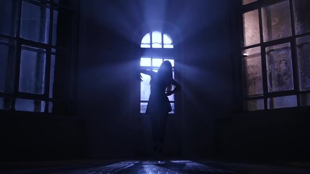 Ballerina at tips fingers does professionally pas. Silhouette, slow motion