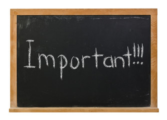 Important written in white chalk on a black chalkboard isolated on white