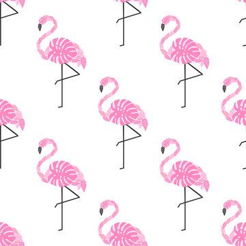 Tropical trendy seamless pattern with pink decorative flamingos from palm leaves on white background. Exotic Hawaii art background. Fashion design for fabric, wallpaper, textile and decor.