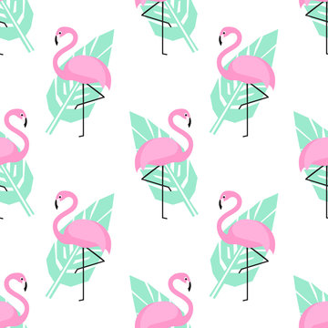 Tropical trendy seamless pattern with pink flamingos and green palm leaves on white background. Exotic Hawaii art background. Design for fabric and decor.