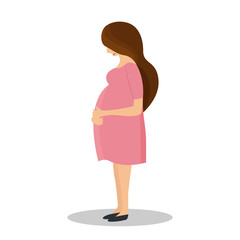 Pregnant woman in pink dress on white