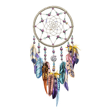 Hand drawn ornate Dreamcatcher with feathers, gemstones. Astrology, spirituality, magic symbol. Ethnic tribal element.