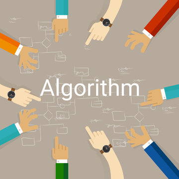 algorithm problem solving flow chart hands working together as a team