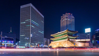 Namdaemun gate (Sungnyemun) cityscape at night, fortress of seoul, South Korea.