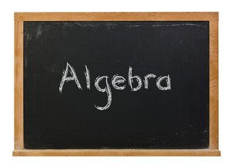 Algebra written in white chalk on a black chalkboard isolated on white