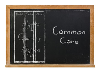 Common Core math chart written in white chalk on a black chalkboard isolated on white