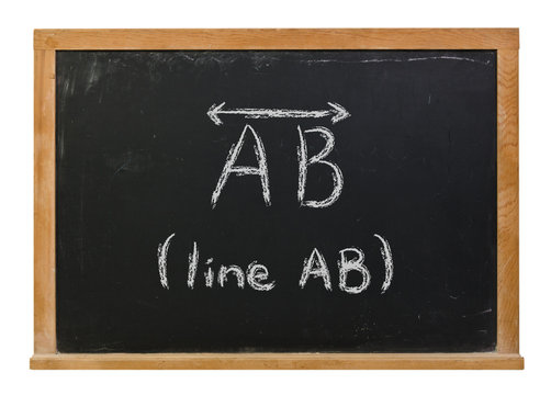 Line AB with symbol written in white chalk on a black chalkboard isolated on white