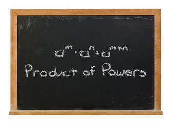 Product of powers written in white chalk on a black chalkboard isolated on white